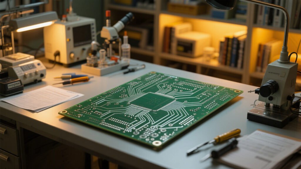 High-density PCB assembly featuring BGA and QFN components ready for testing.