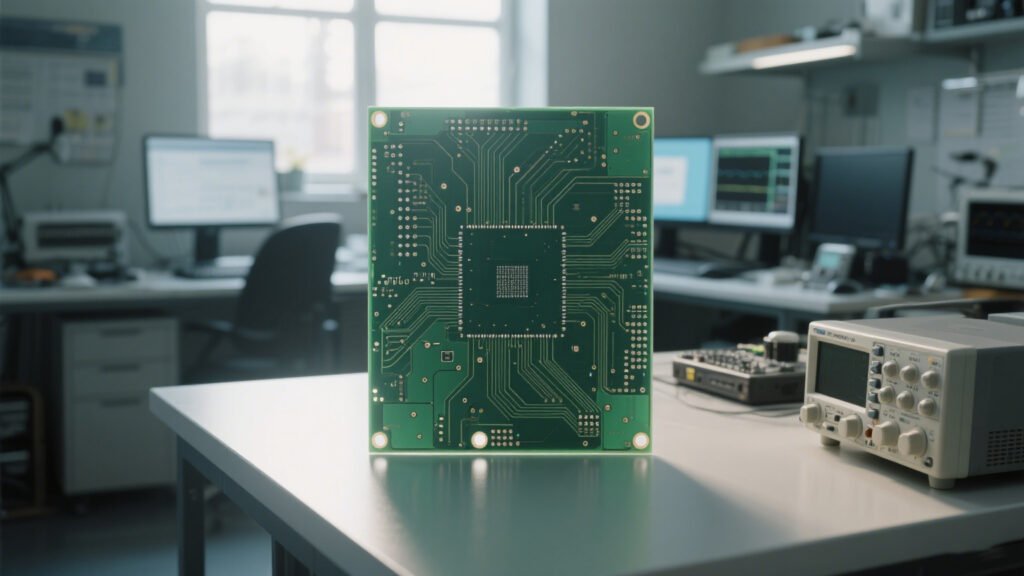 Multi-layer PCB showing intricate copper traces and surface-mounted devices under inspection.