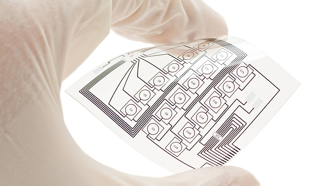 Illustration of flexible PCB substrate materials showing polyimide (PI), polyester (PET), and other flexible films, highlighting their high bendability, heat resistance, and suitability for compact, wearable, and dynamic electronic applications.