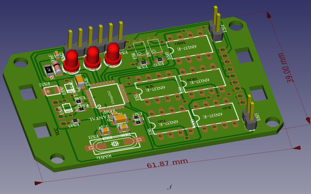 FreeCAD rendering of a 3D PCB layout using the PCB Workbench plugin