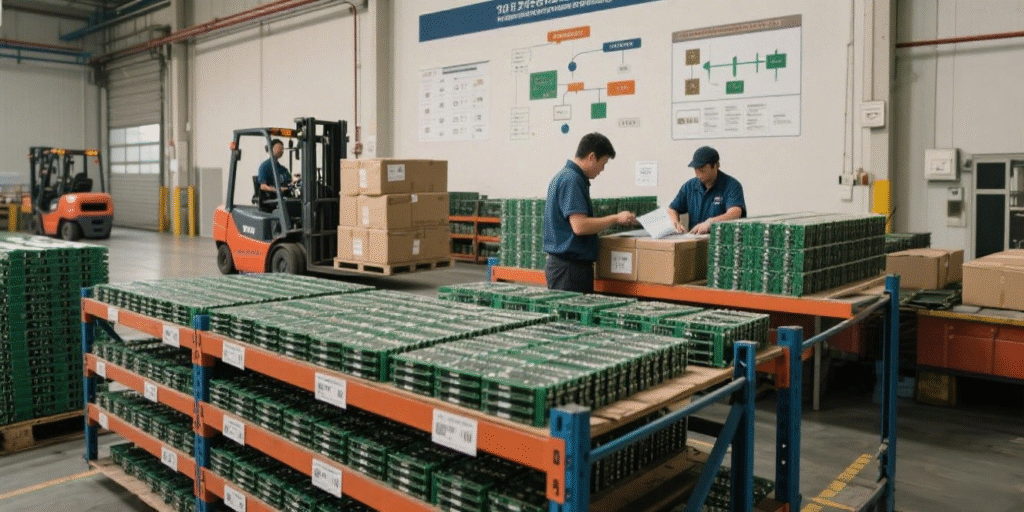 Interior view of Mustar’s intelligent warehouse with organized shelves storing PCBA components and materials for assembly