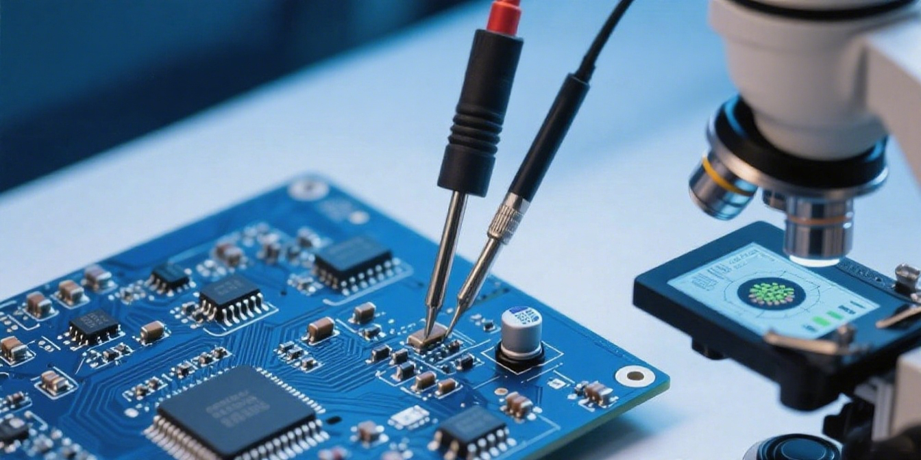 Engineer inspecting PCB assembly under microscope in QA area