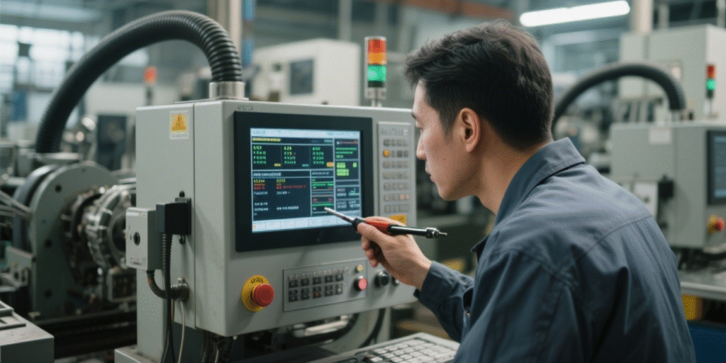 Technician performing 3D X-Ray inspection on a printed circuit board assembly