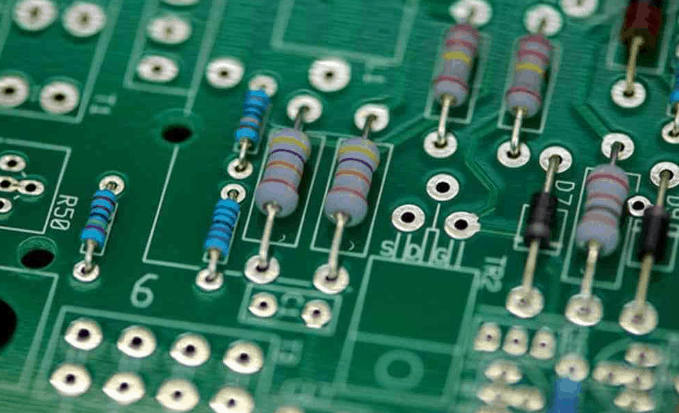 Through-Hole Technology (THT) components with long leads inserted through PCB holes, showing high mechanical strength packaging method.