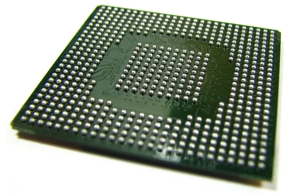 Ball Grid Array (BGA) PCB packaging with solder balls arrayed at the bottom of the chip for improved heat dissipation and electrical performance.